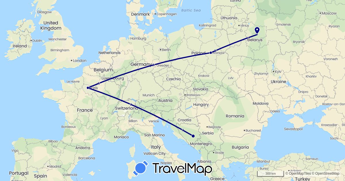 TravelMap itinerary: driving in Bosnia and Herzegovina, Belarus, France, Poland (Europe)